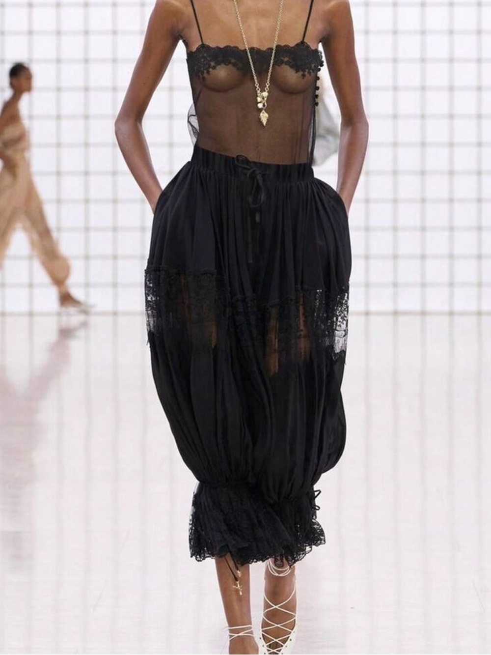 Black Sheer Lace Wide-Leg Harem Pants - Picture 2 of 4